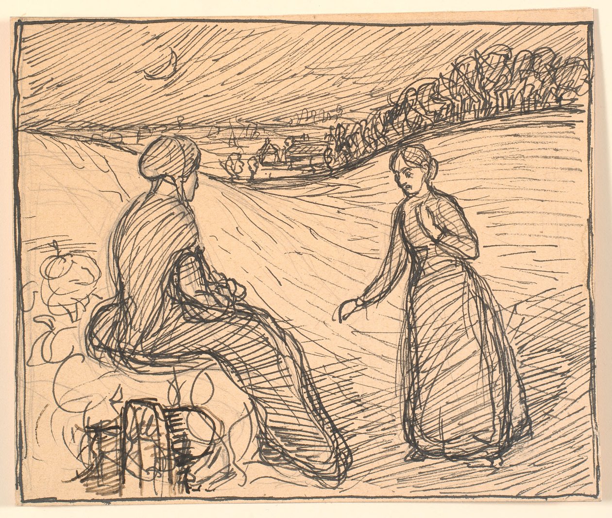Ute i snøen satt en kvinne i lange svarte klær... av Fritz Syberg