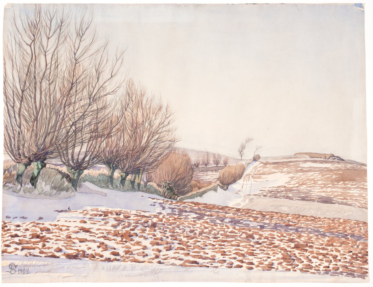 Landskap med piletrær og brøytet åker i snø av Fritz Syberg