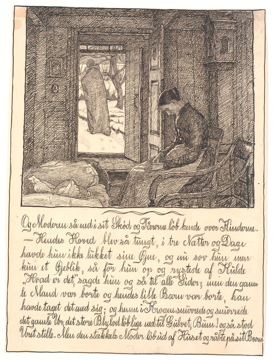 Og moren så ned i fanget hennes, og tårene rant nedover kinnene hennes... av Fritz Syberg