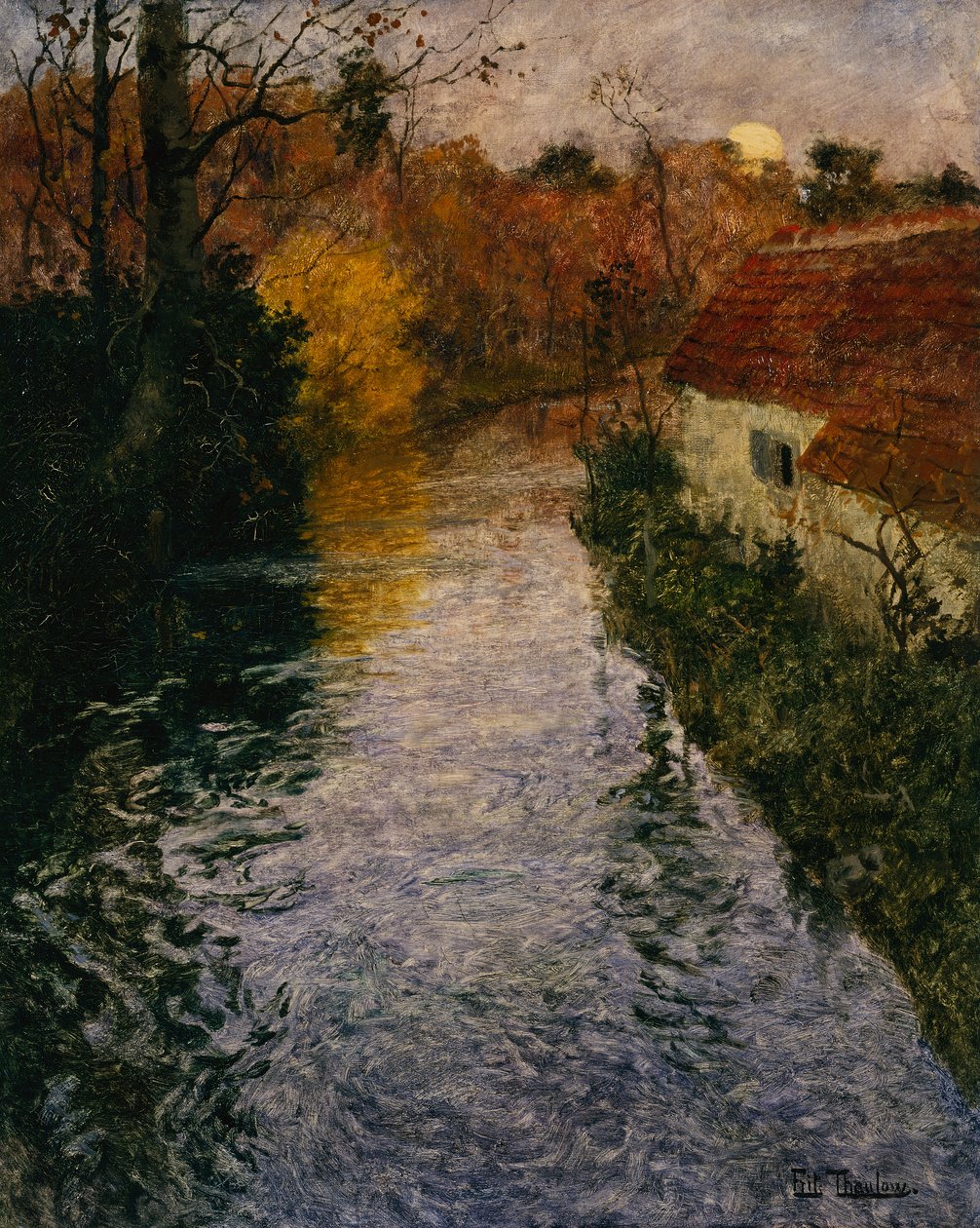 Et elvelandskap med en hytte om høsten (olje på lerret) av Fritz Thaulow