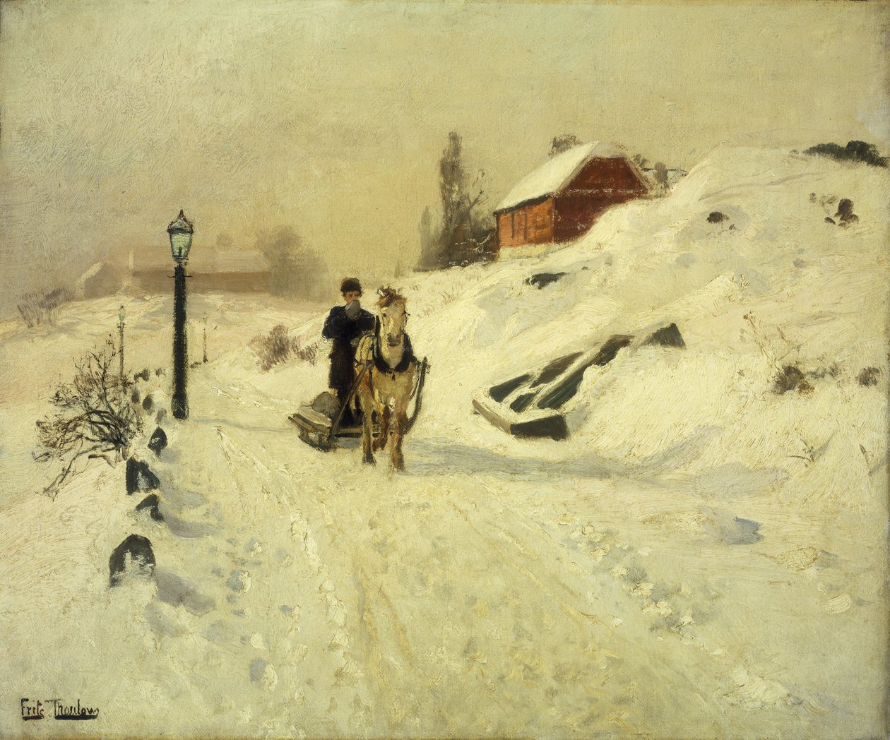 En hestetrukket slede i et vinterlandskap av Frits Thaulow