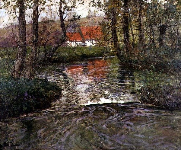 Bygning ved elvebredden av Fritz Thaulow