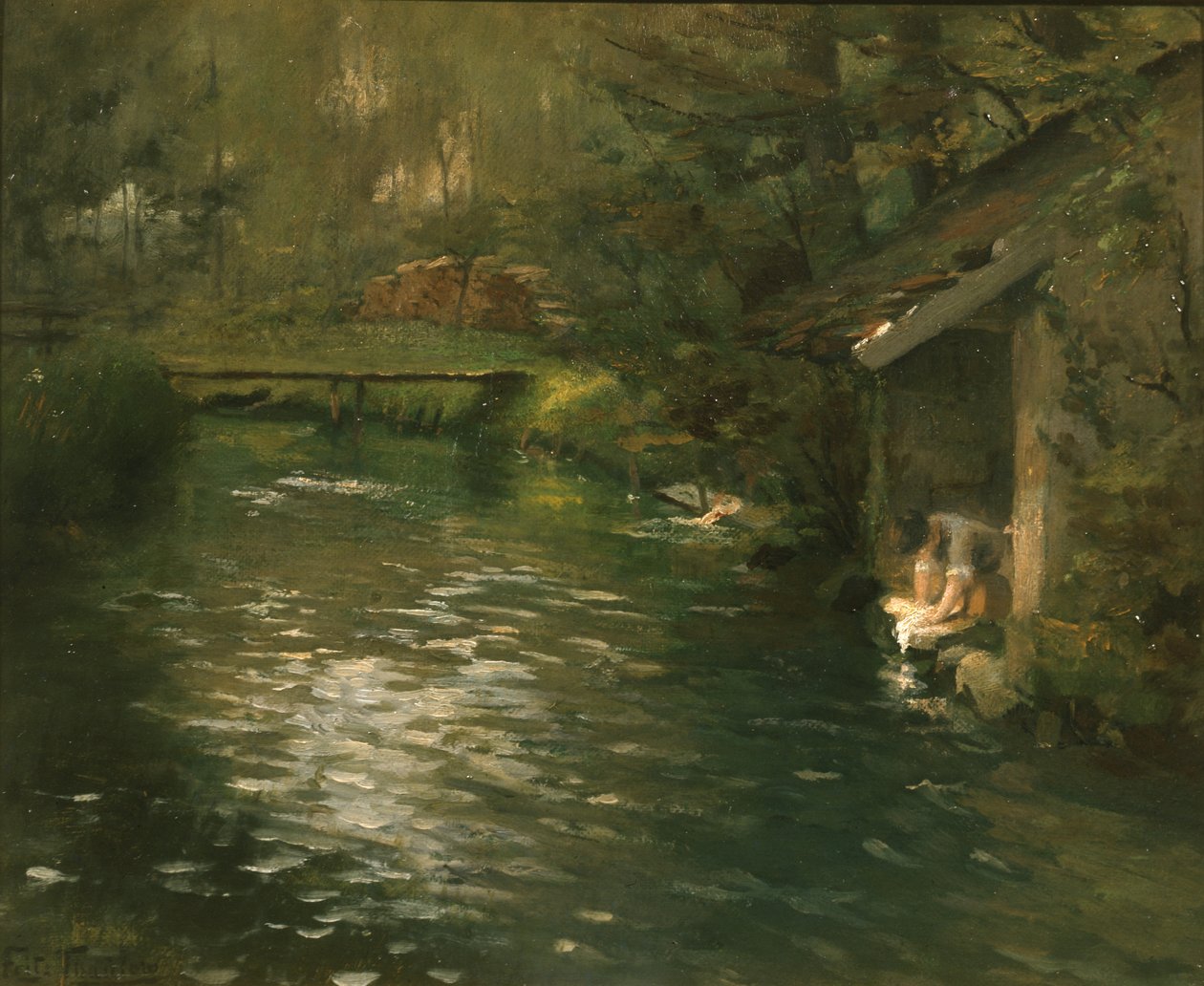 Vasker klær i elven, ca. 1895 (maleri) av Fritz Thaulow
