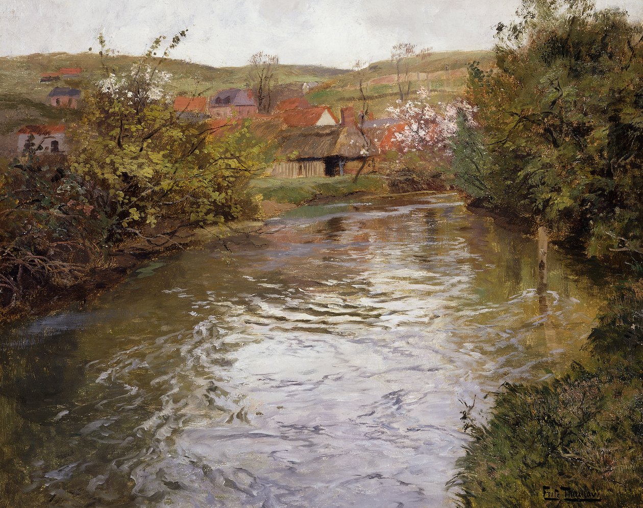 Gårdshus ved bredden av en bekk, av Frits Thaulow