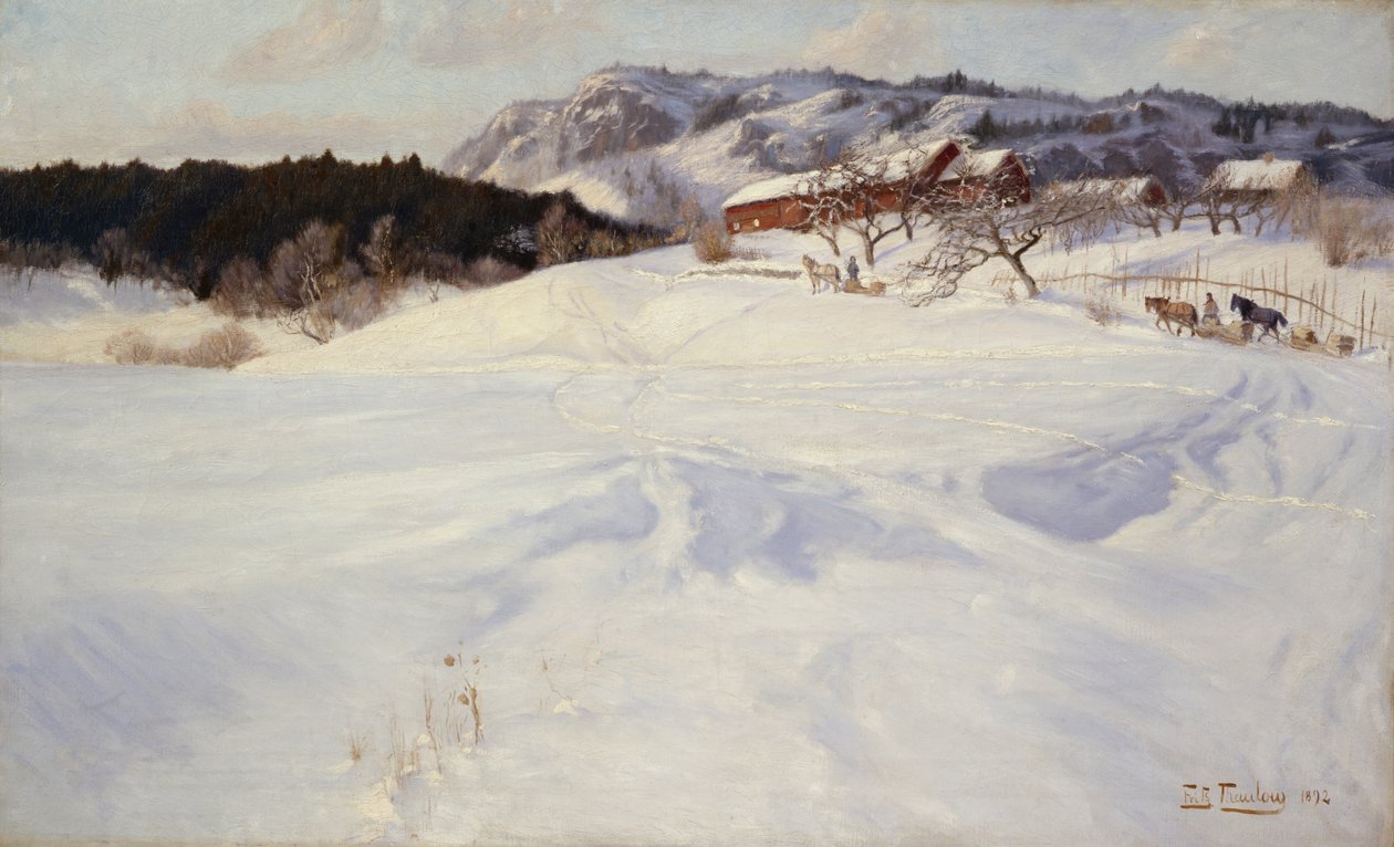 Snøscene med pulk, Fleskum av Fritz Thaulow