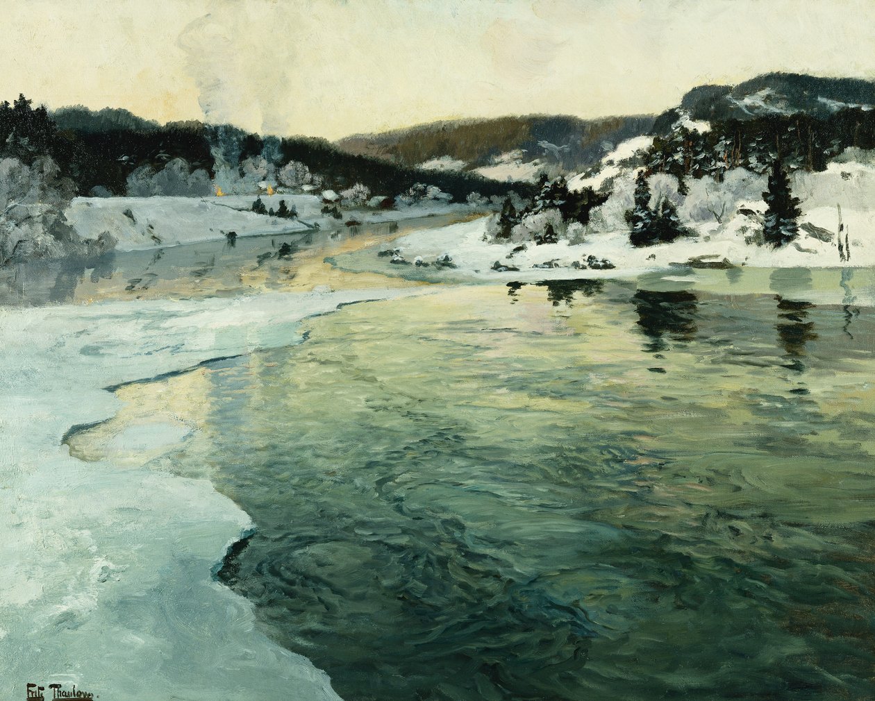 Vinter på Mesnaelva ved Lillehammer, ca. 1905-06 av Frits Thaulow