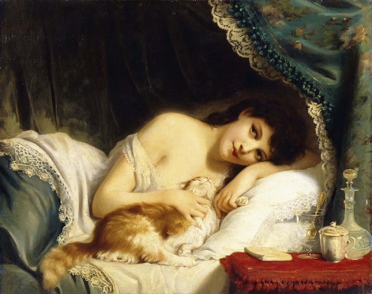 En liggende skjønnhet med katten sin, av Fritz Zuber Buhler