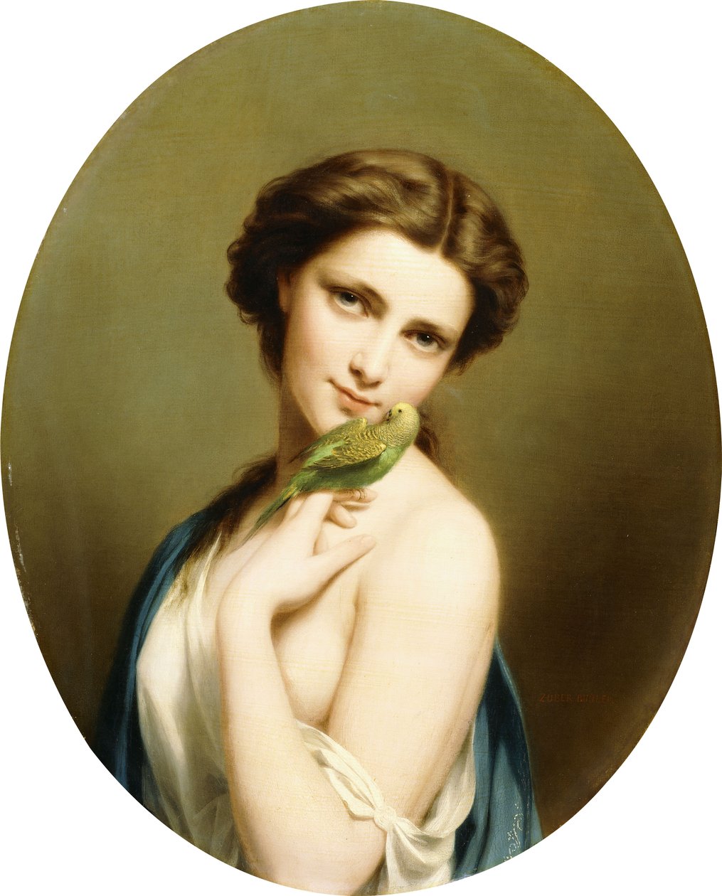 En ung skjønnhet med en parakitt, av Fritz Zuber Buhler
