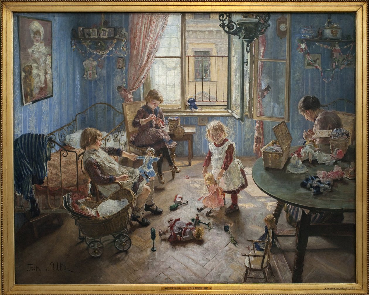Barnehage. Maleri av Fritz von Uhde (1848-1911), olje på lerret av Fritz von Uhde