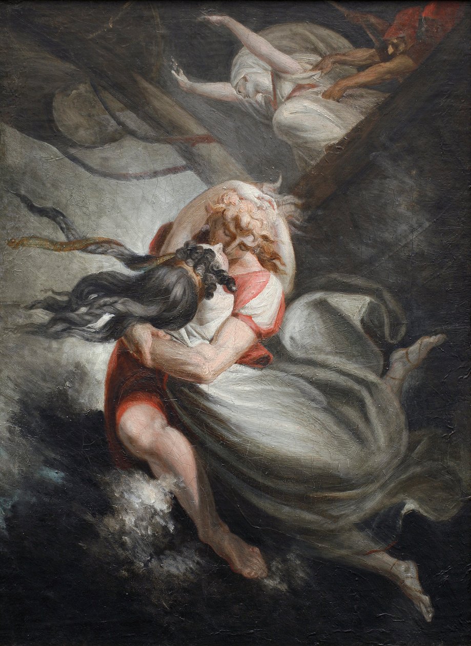 Amanda Rezia kaster seg med Huon i havet, Fatime holdes tilbake med makt, 1804-1805. av Füssli