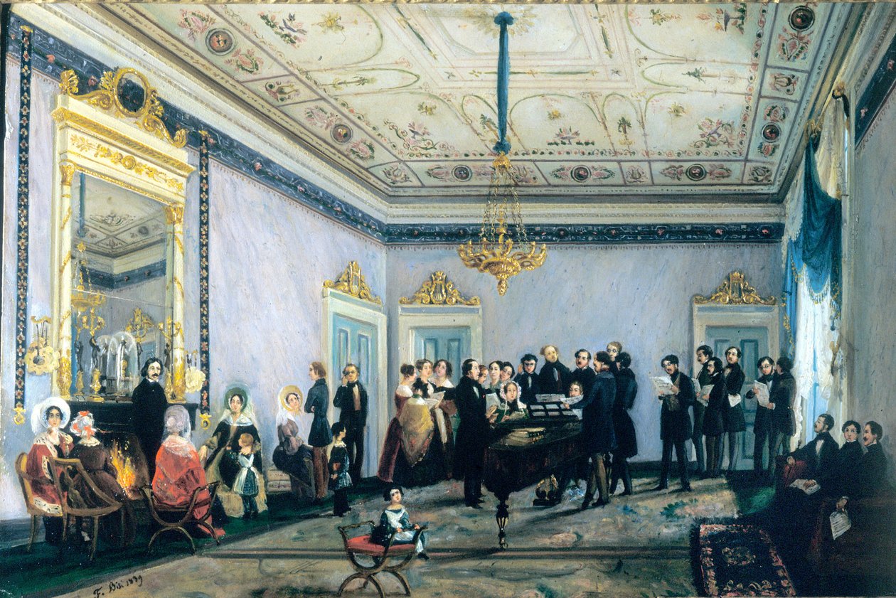 Konsert i huset til Branca (Salon, eller møte med personlighetene i musikkverdenen i Milano), 1839 av Fulvia Bisi