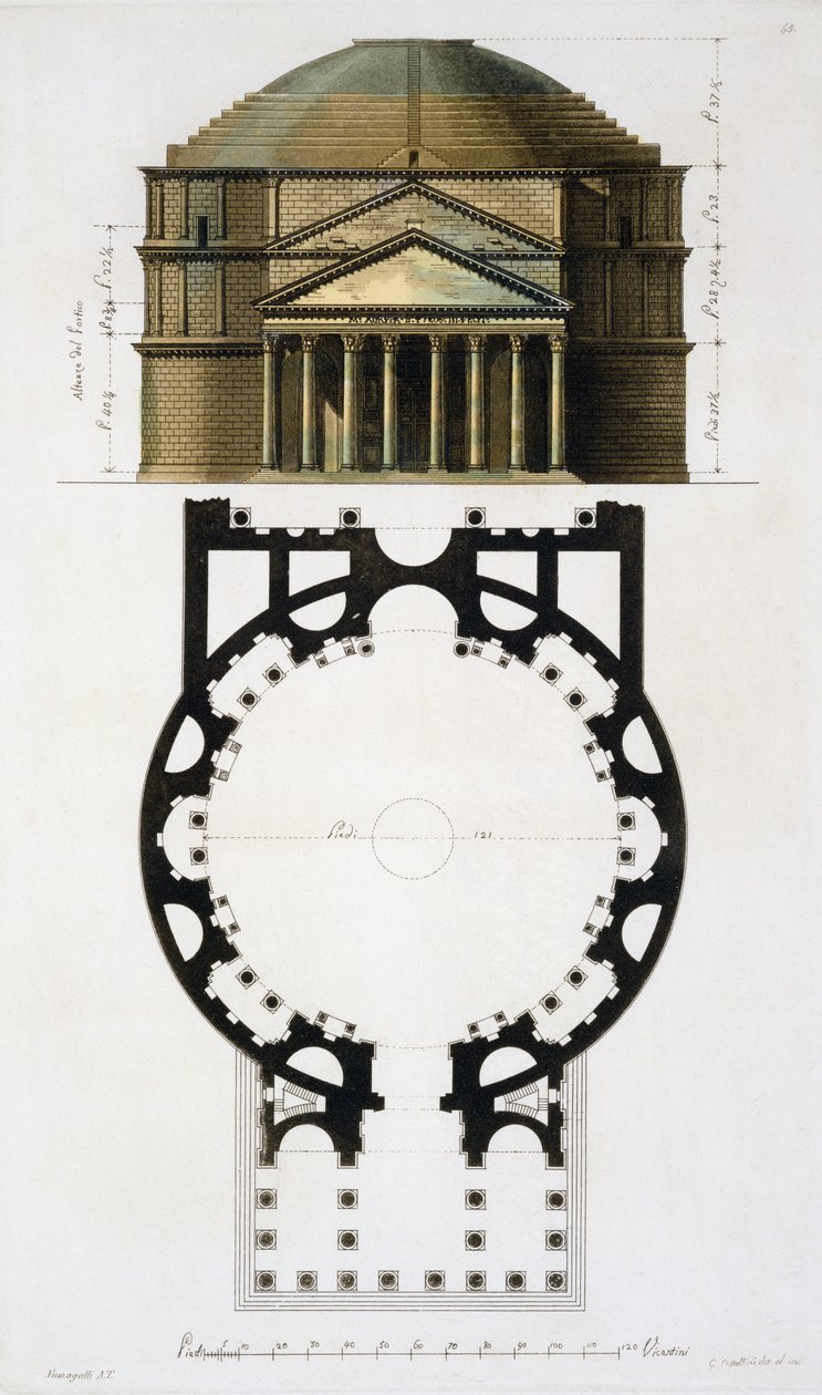 Grunnplan og fasade av Pantheon, Roma, fra Le Costume Ancien et Moderne av Jules Ferrario, gravert av G. Castellini, utgitt ca. 1820-30-tallet farge litho av Fumagalli