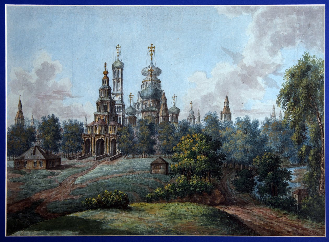 Det nye Jerusalem-klosteret. Russisk-ortodoks arkitektur, i Istra nær Moskva. Verk av Fjodor Yakovlevich Alexeyev (1753-1824), akvarell og blekk på papir, ca 1800. Russisk kunst, tidlig 1800-tall, klassisisme. st av Fyodor Alexeyev