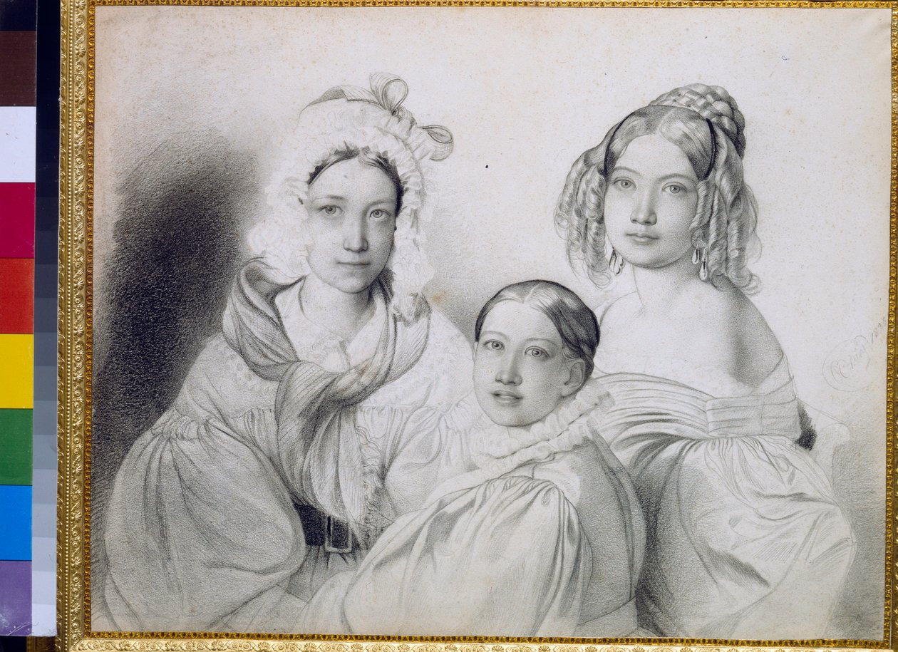 Portretter av grevinnene Praskovia (1817-1835), Nadezhda (1822-1840) og Maria (1813-1849), døtrene til den russiske prinsen Piotr Viazemski (Pierre Wiazemsky) (1792-1878) - Tegning av Feodor (Fidelio) 1799–1875) av Fyodor Bruni