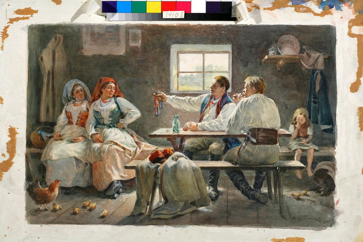 Forføreren: en mann peker på en av de to unge bondekvinnene som sitter ved siden av bordet der han sitter - Verk av Fyodor Fyodorovich Buchholz (Feodor Feodorovich Bukholts, Teodor Buchholz) (1857-1942) av Fyodor Buchholz