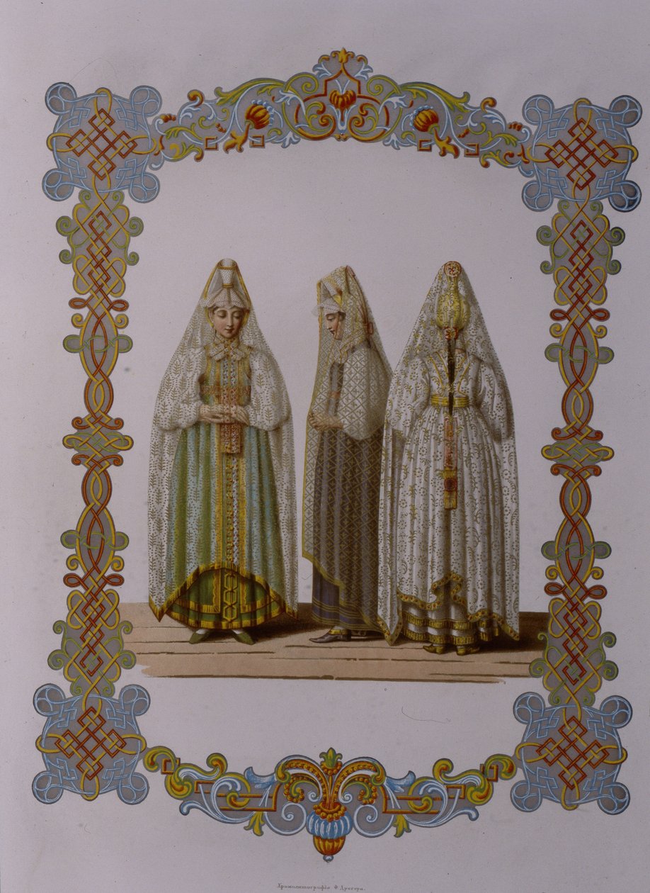 Costumes of Maidens fra Torzhok Fra serien Clothing of the Russian State, 1851 av Fyodor Grigoryevich Solntsev