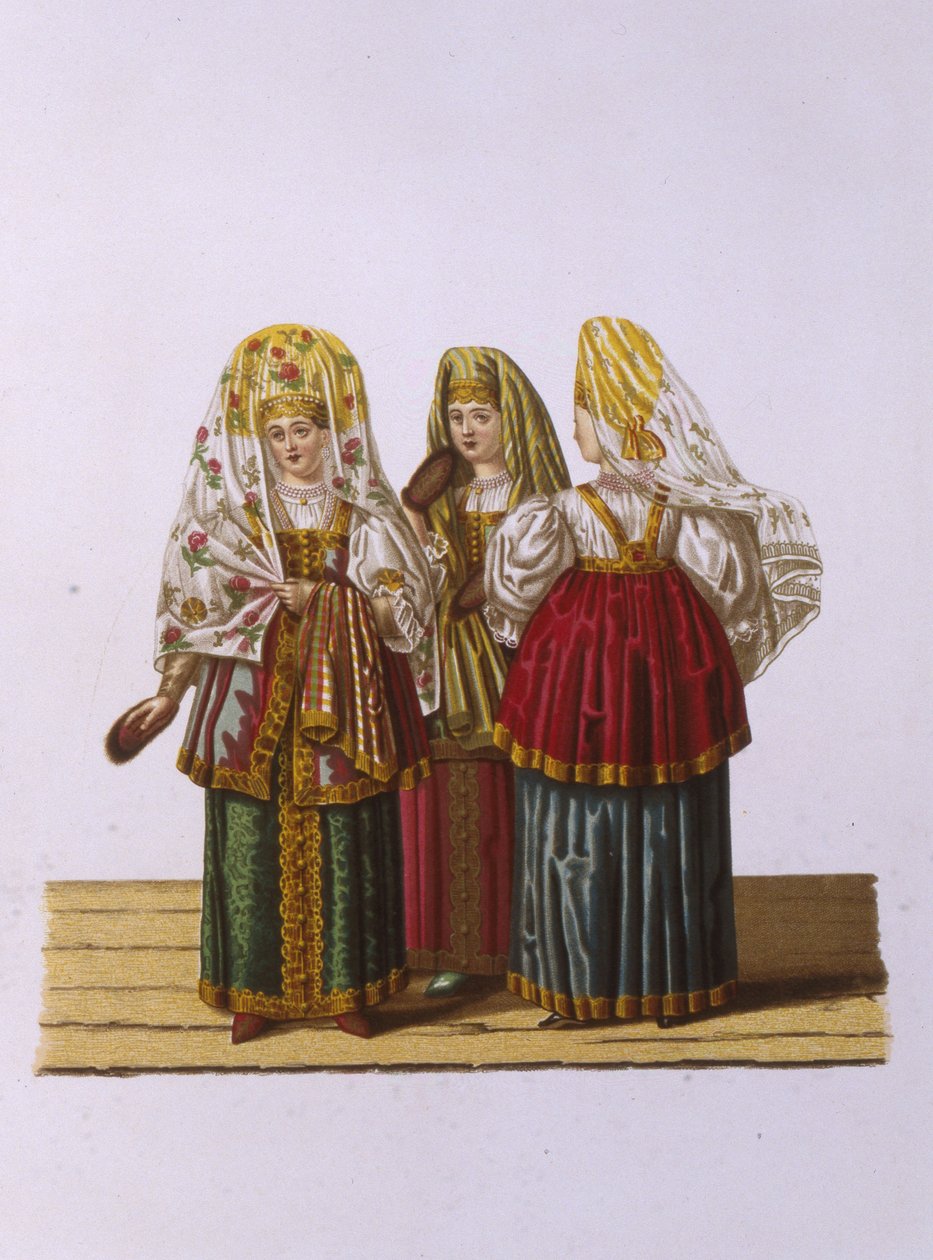 Kostymer av kvinner og jomfruer fra Tver Fra serien Clothing of the Russian State, 1851 av Fyodor Grigoryevich Solntsev