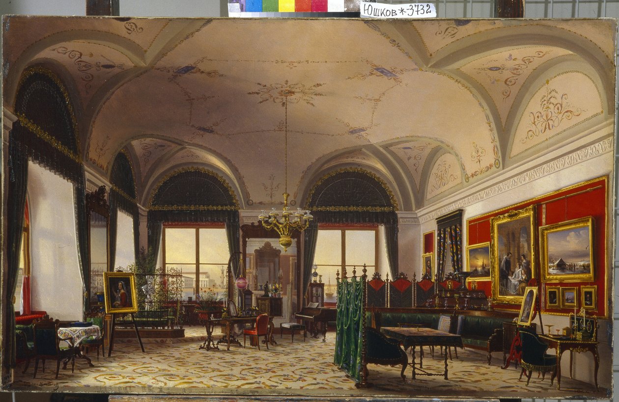 Kontoret til storhertuginne Olga Nikolaevna av Russland (1822-1895) i Vinterpalasset i St. Petersburg. (Studien av storhertuginne Olga Nikolaevna av Russland i vinterpalasset). Maleri av Fjodor Osipovich Yushkov (1819-1876), olje på lerret av Fyodor Osipovich Yushkov