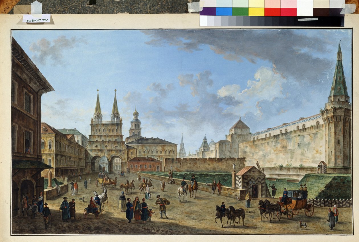 Moskva, utsikt over oppstandelsesporten ved Den røde plass. Maleri av Fjodor Yakovlevich Alexeev (1753-1824). Akvarell og gouache på papir, 58,2 x 91,2 cm, ca 1801. Russisk kunst, klassisisme. Museum av av Fyodor Yakovlevich Alexeev