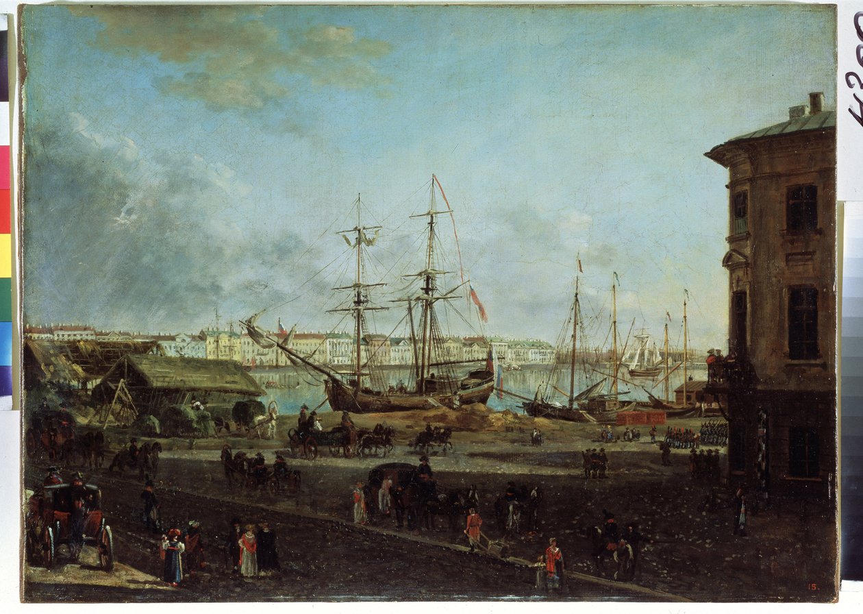 Utsikt over den engelske vollen fra Vasilievsky-øya, St. Petersburg (Utsikt over den engelske vollen fra Vasilievsky-øya). Maleri av Fjodor Yakovlevich Alexeev (1753-1824). Olje på lerret, 53 x 72,5 cm av Fyodor Yakovlevich Alexeev