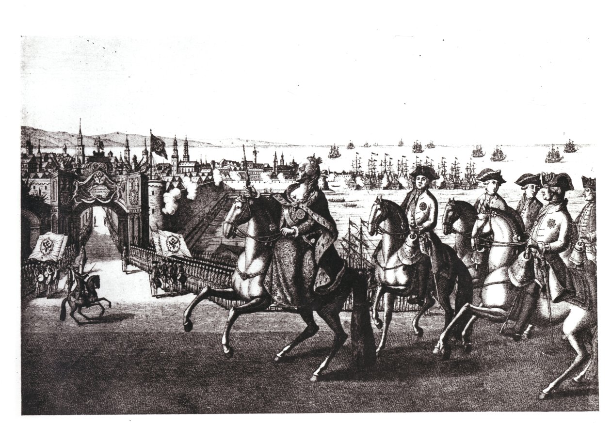 Katarina II (1729-96) den store, ridende inn i en av havnene på Krim som ble tatt til fange fra tyrkerne av G. Baltazar