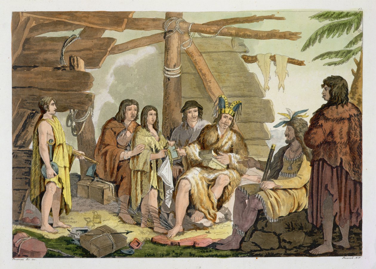 Indianere som handler med La Perouse i Canada (fargegravering) av G. Bramati