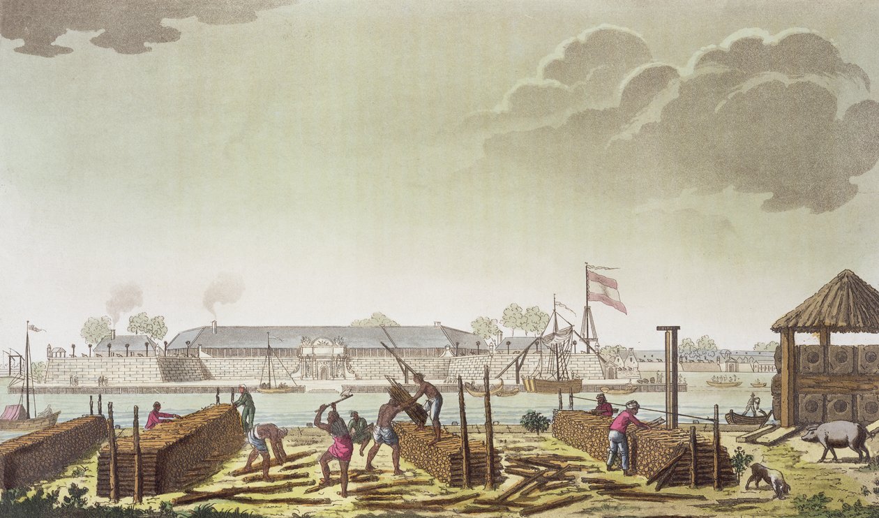 Fortet i Batavia med innfødte tømmerhoggere, plate 50 fra 'Le Costume Ancien et Moderne' av Jules Ferrario, utgitt ca. 1820-30-tallet av G. Castellini