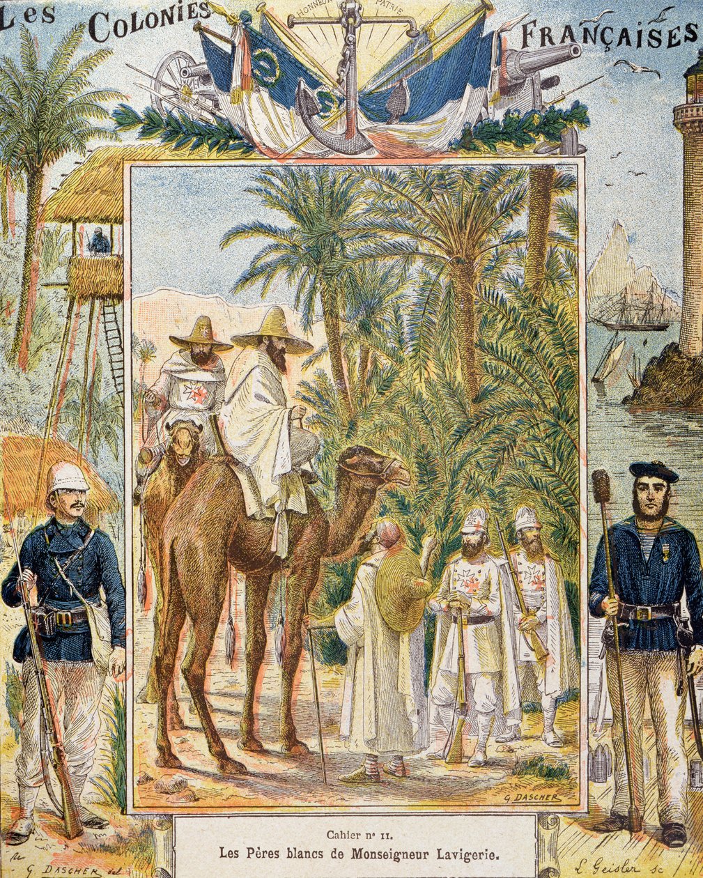 The White Fathers of Cardinal Lavigerie i Afrika, omslag til en skolebok, gravert av L. Geisler, ca. 1880-90 av G. Dascher