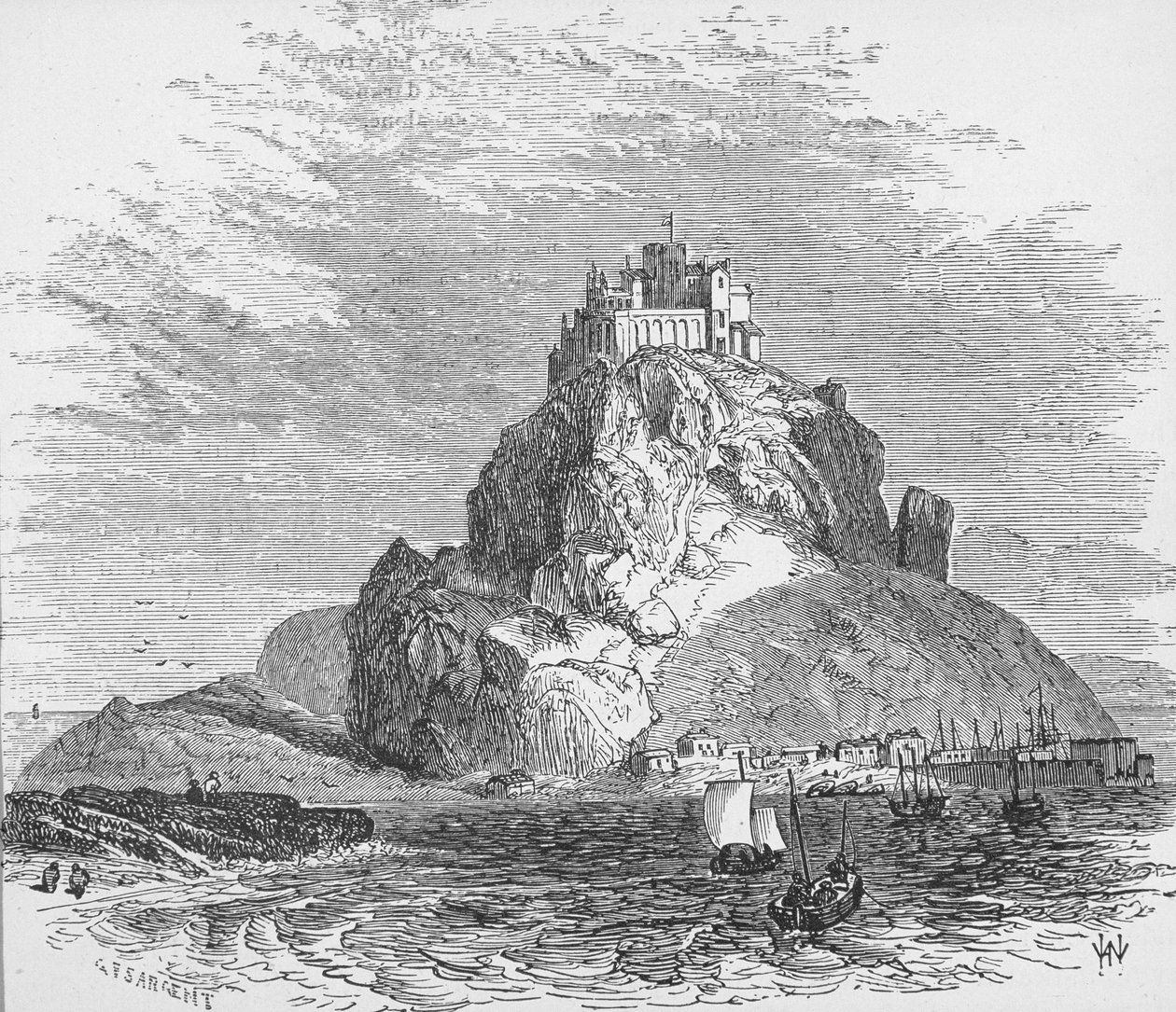 St. Michael's Mount, Cornwall, England, fra 'The Gallery of Geography' av pastor Thomas Milner, utgitt ca. 1880 av G. F. Sargent