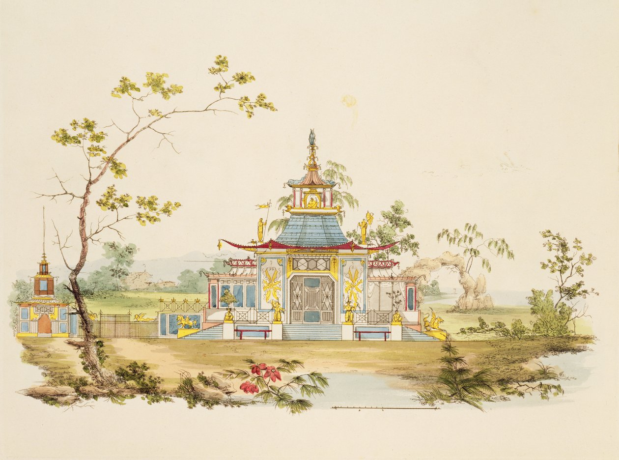 Design for et kinesisk tempel, ca. 1810 (penn og blekk og wc på papir) av G. Landi