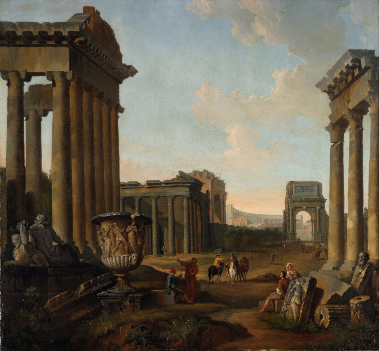 Figurer midt i en Capriccio av ruiner av Giovanni Paolo Pannini