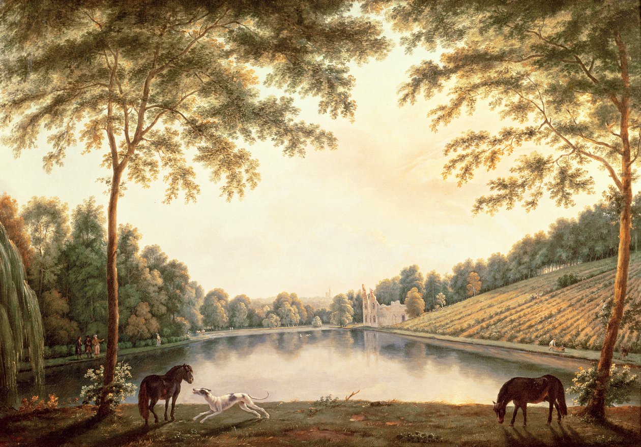 Utsikt over innsjøen og ruinene av klosteret i Painshill, Surrey av G. and Gilpin, S. Barrett