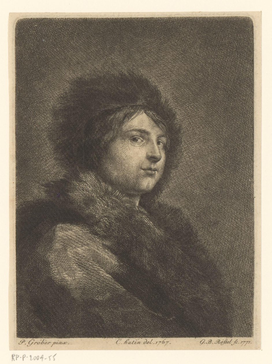Portrett av en ukjent ung mann med pelsfrakk og hatt av G.B. Rössel