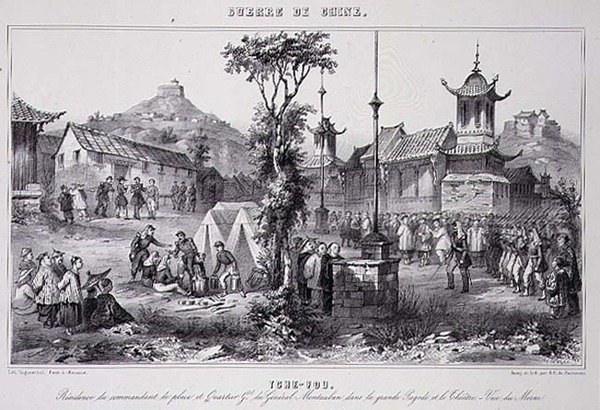 General Montaubans kvartaler i den store pagoden ved Tche Fou, fra "Krigen i Kina" av G.C. de Fortavion