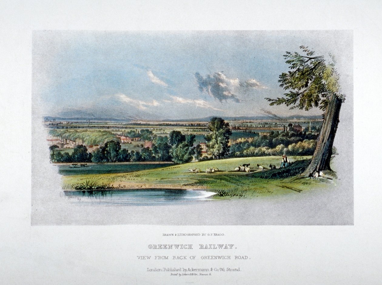 Utsikt over London og Greenwich Railway fra baksiden av Greenwich Road, 1836 av GF Bragg