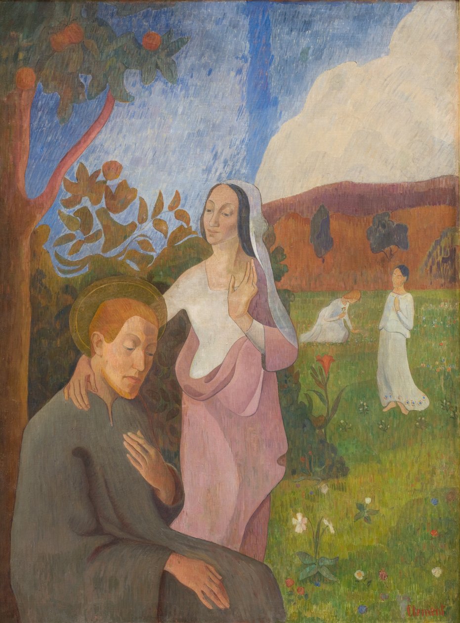Dekorativt bilde. Visjonen om Saint Francis med de tre hvite jomfruene av G.F. Clement