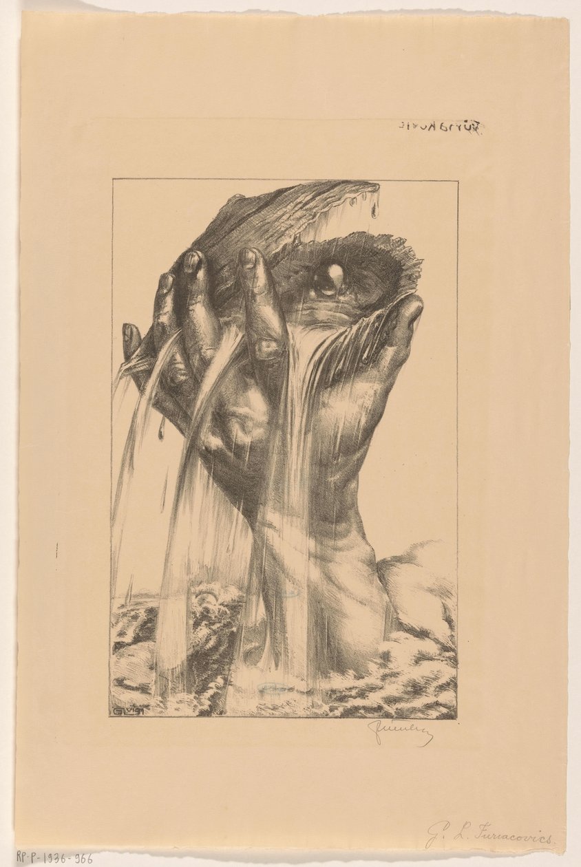 Hånd løfter en østers med perle fra havet av G.L. Furiacovics (signed by artist)