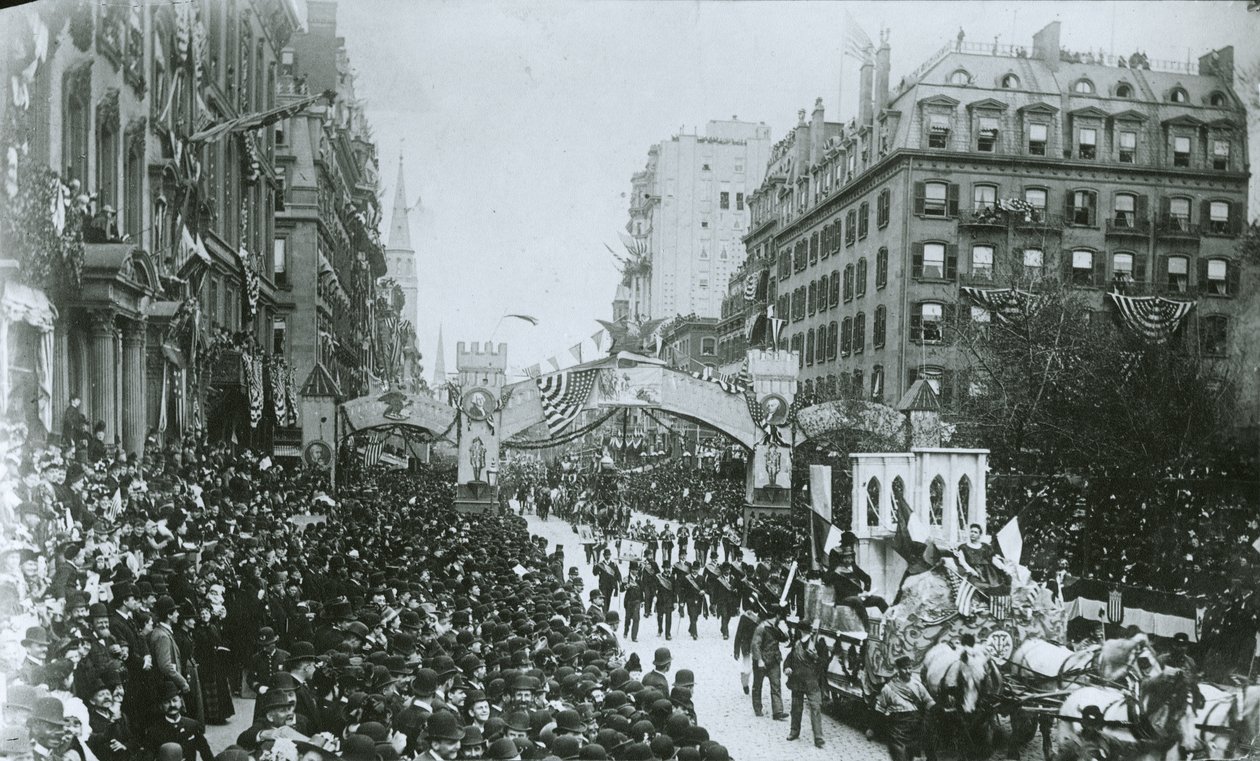 Hundreårsfeiringen av innvielsen av George Washington (1732-99) New York City, 30. april 1889 av G.P. Hall und Sohn