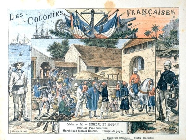 Skolebokomslag som viser scener i de franske koloniene i Senegal og Sudan, slutten av det nittende århundre (farge litho) av G. (after) Dascher