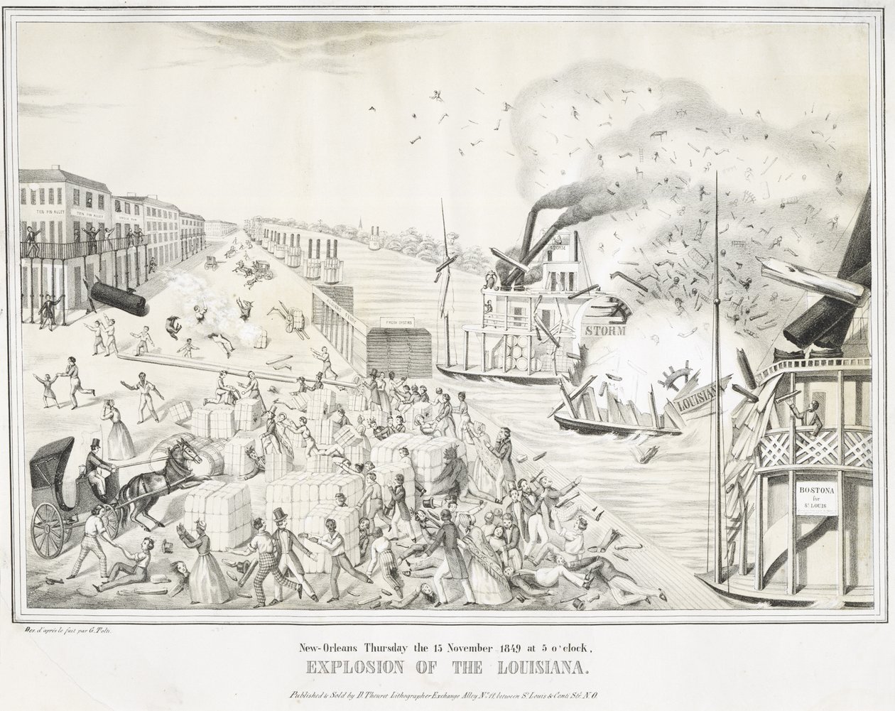 New Orleans torsdag 15. november 1849 klokken 5, Explosion of the Louisiana, ca. 1849 (kromolitografi) av G. (after) Tolti