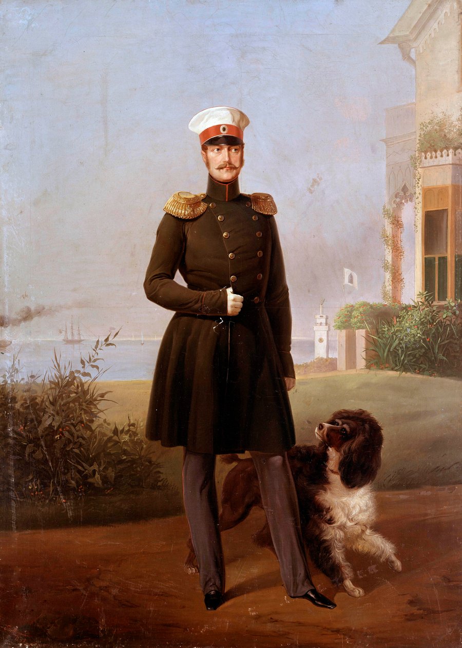Portrett til fots av den russiske tsaren Nicholas I (1796-1855) ved Peterhof Maleri av Georg Botmann (1800-tallet). 1800-tallet. St. Petersburg. Chateau De Peterhof av G. Botmann