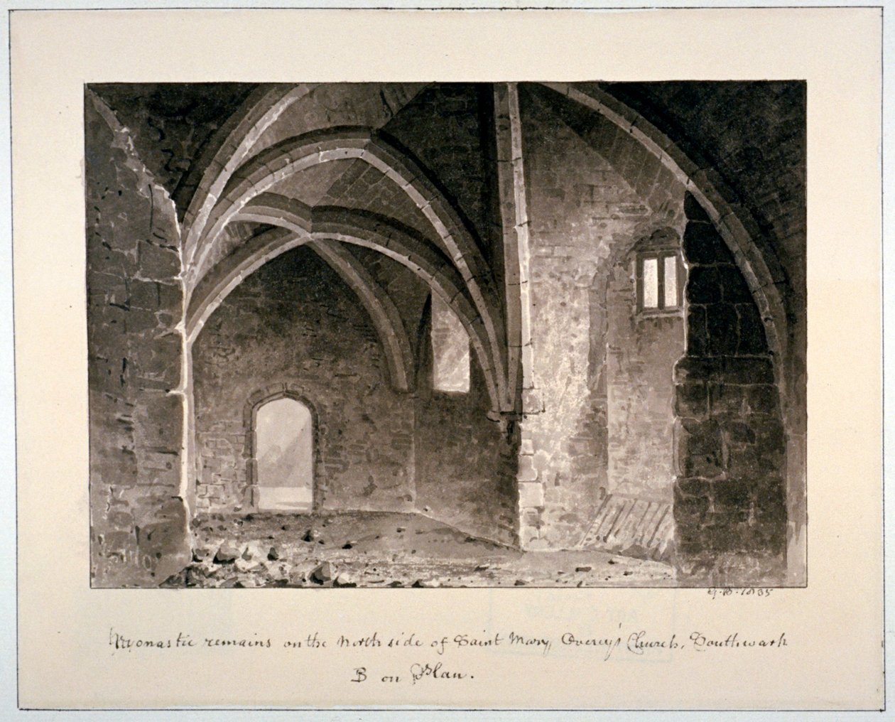 Monastiske rester på nordsiden av St Mary Overys kirke, Southwark, London, 1835. av G Buckler