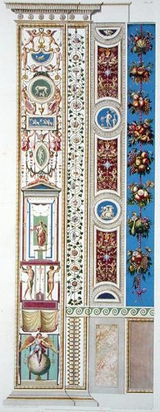 Panel fra Raphael Loggia i Vatikanet, fra 'Delle Loggie di Rafaele nel Vaticano', gravert av Giovanni Ottaviani (c.1735-1808), utgitt c.1772-77 (håndfarget gravering) av G. and Camporesi P. Savorelli
