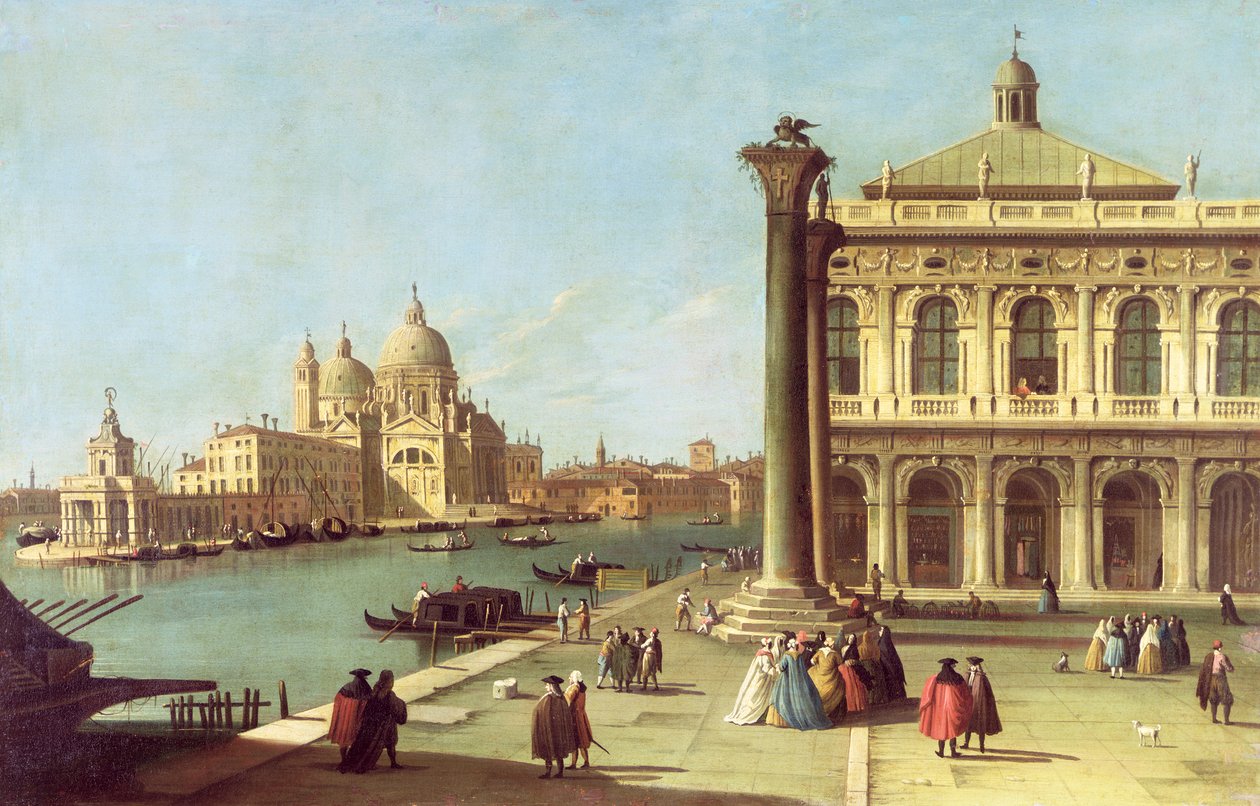 Inngang til Canal Grande, Venezia, med Piazzetta og kirken Santa Maria della Salute av G. Canaletto