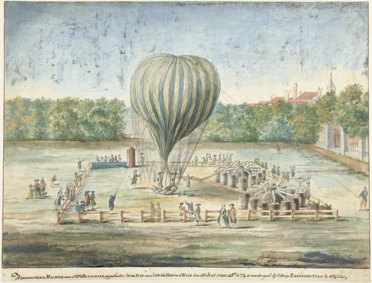 Lanseringen av Blanchards ballong i Haag i 1785 av G. Carbentus (signed by artist)