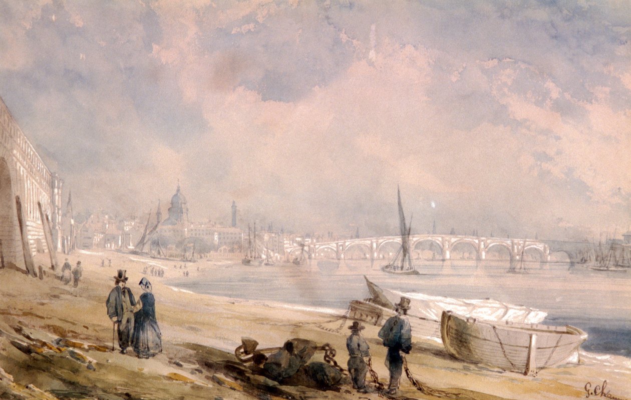 Themsen ved lavvann og Blackfriars Bridge, London, 1847 av G Chaumont