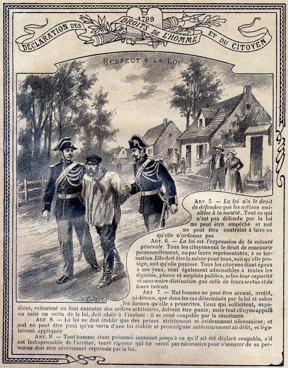 1789: Erklæring om menneskets og borgerens rettigheter: Respekt for loven. Gravering i "Den unike boken om etikk og samfunnsinstruksjon, beregnet på elever på de tre kursene på grunnskolen og de i grunnklassene til Lycees and Colleges, Deuxi av G. Dascher