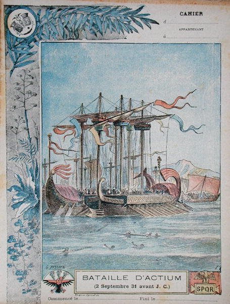 Omslag til skoleoppgavebok som illustrerer slaget ved Actium, 2. september 31 f.Kr., ca. 1900 (farge litho) av G. Dascher