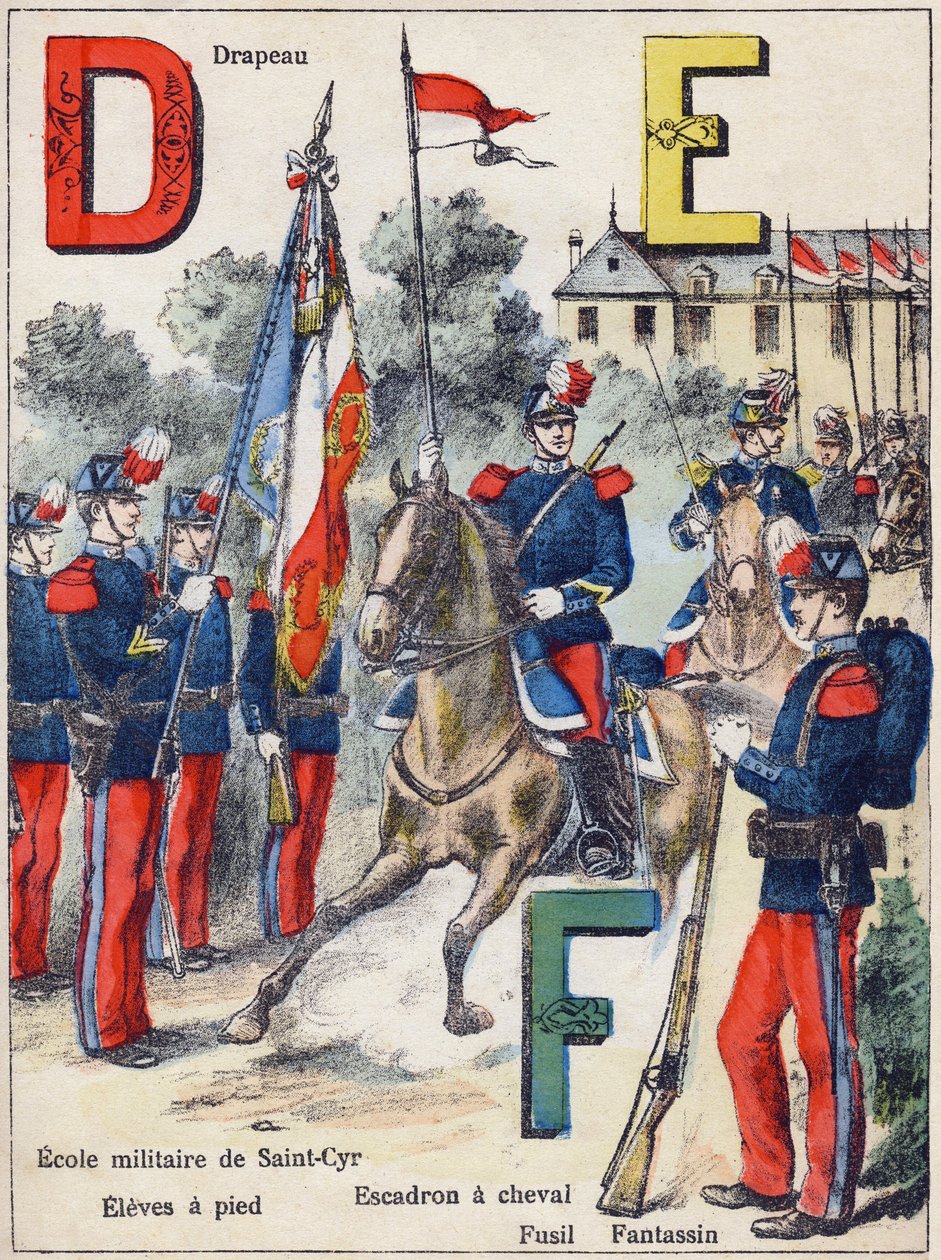 Bokstaver D E F: Flagg, Military School of Saint-Cyr (Saint Cyr), Eleves til fots, Horse Squadron, Rifle and Fantassin, ca. 1900 (litografi) av G. Dascher