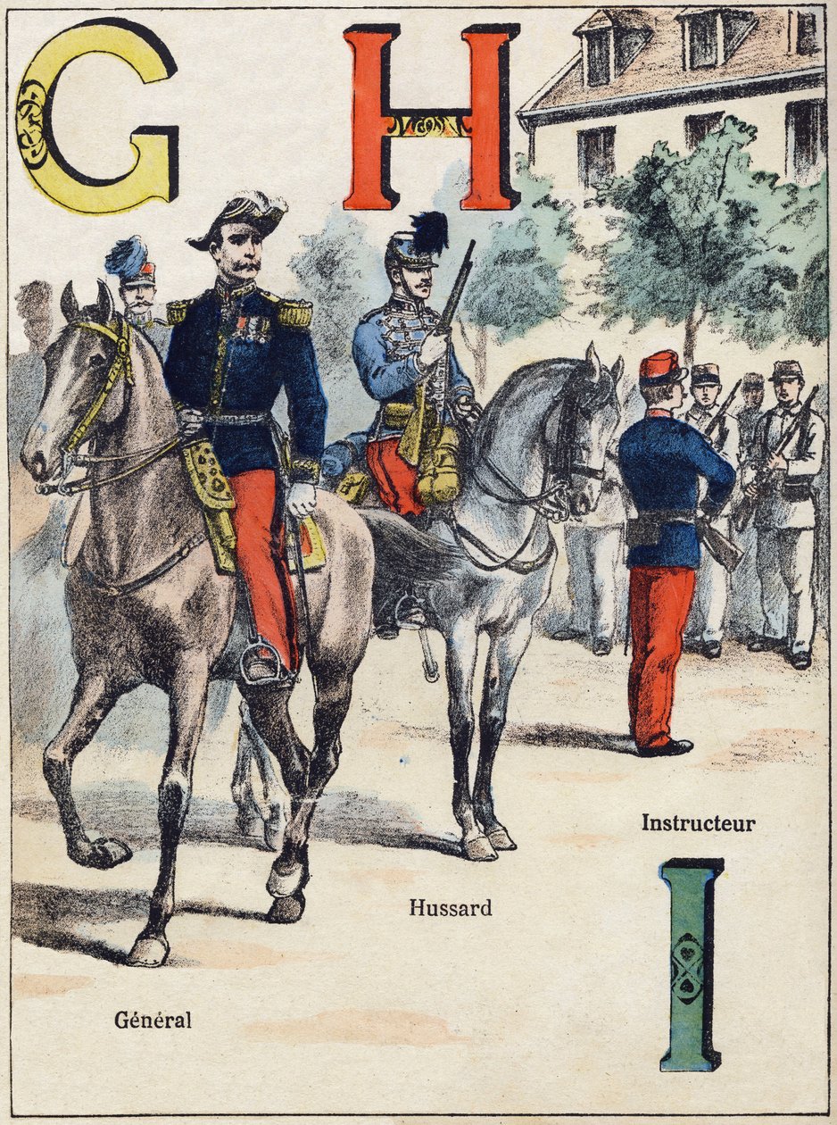 Bokstaver G H I: General, Hussard og instruktør. Gravering i "Alphabet militaire" , Grand-Bebe-serien. Gravering. Pont-a-Mousson avbildning. Louis Vagne, Trykker-Forlag, ca. 1900. Illustrasjoner av G. Dascher. 20 sider. Mål: 31,5x24,5cm av G. Dascher